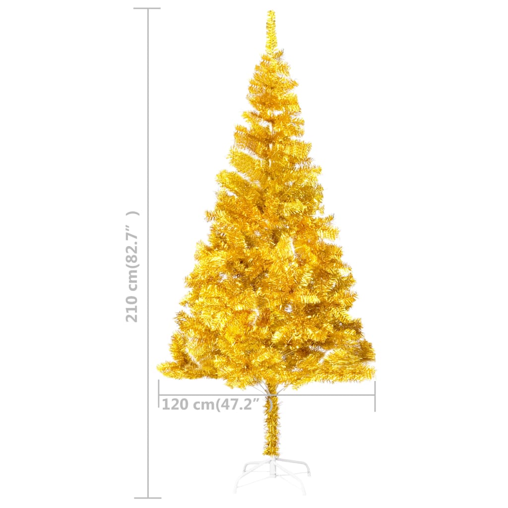 vidaXL Umelý vianočný stromček s LED a súpravou gulí 210 cm zlatý PET