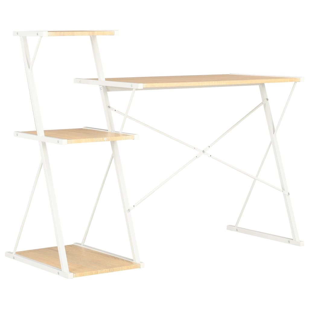 vidaXL Stôl s poličkami, biela a dubová farba 116x50x93 cm