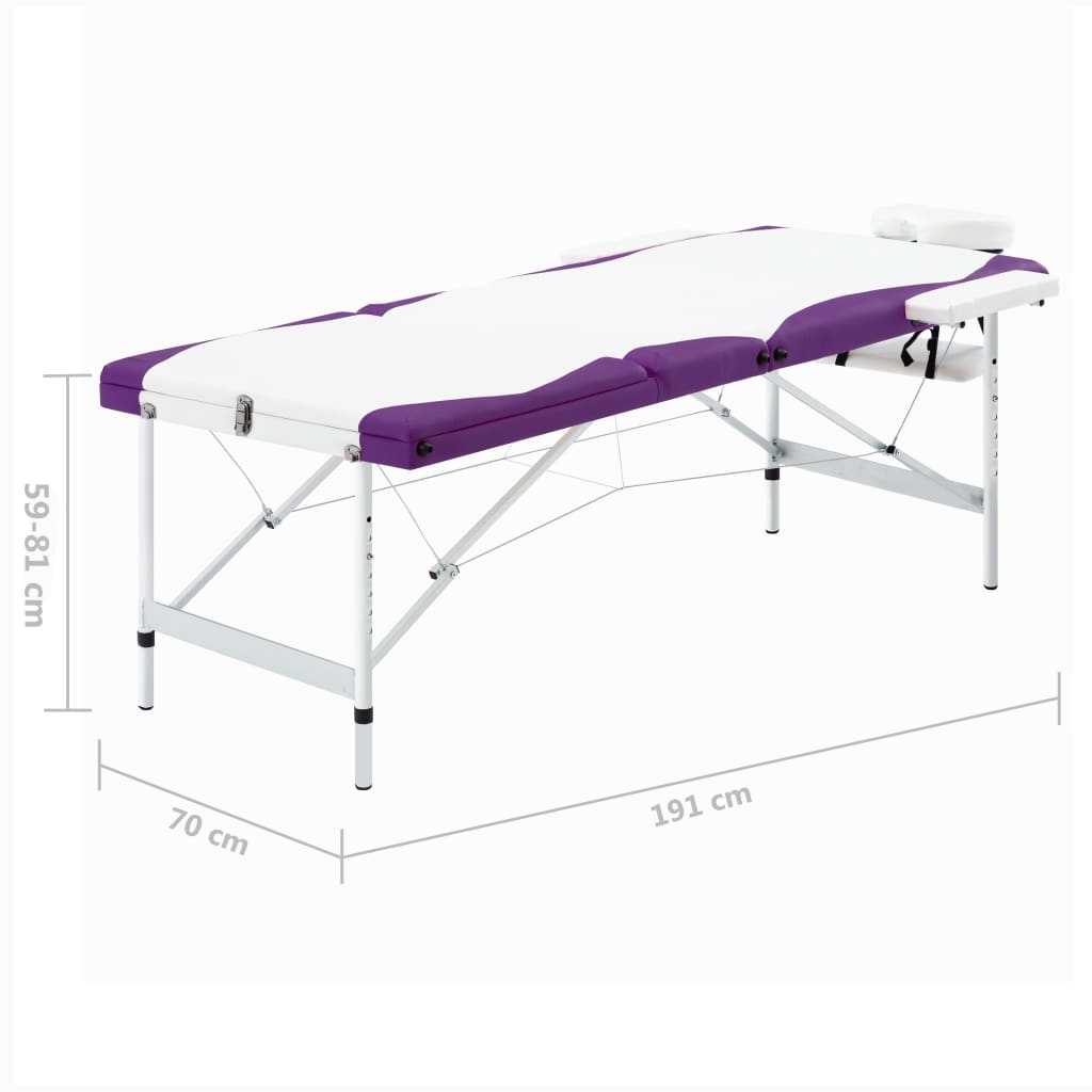 vidaXL Skladací masážny stôl s 3 zónami, hliník, bielo fialový
