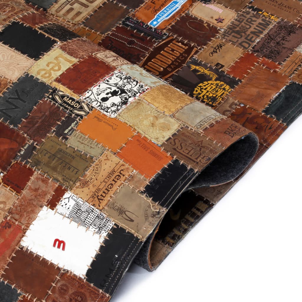 vidaXL Koberec z kožených vysačiek z džínsov, patchwork, 80x150 cm hnedý