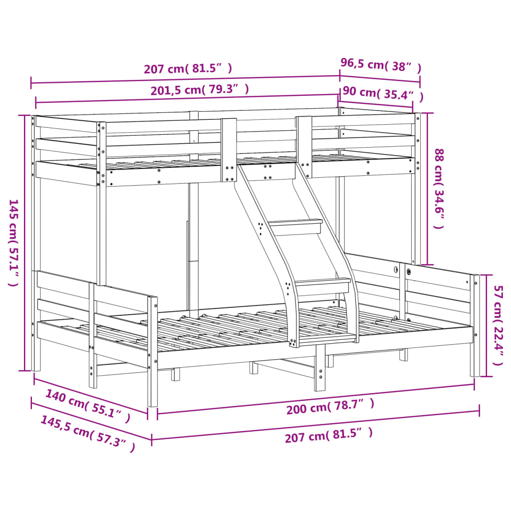 vidaXL Poschodová posteľ 90x200/140x200 cm borovicový masív
