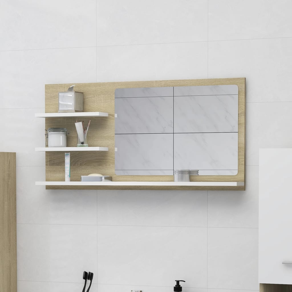 vidaXL Kúpeľňové zrkadlo, biela+sonoma 90x10,5x45 cm, kompozitné drevo