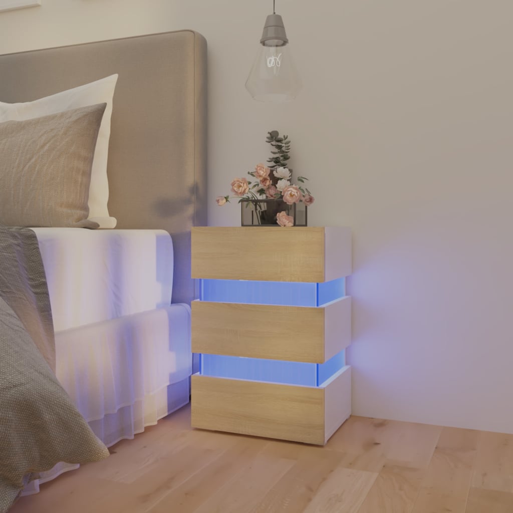 vidaXL Nočný stolík s LED, biela a sonoma 45x35x67cm, kompozitné drevo