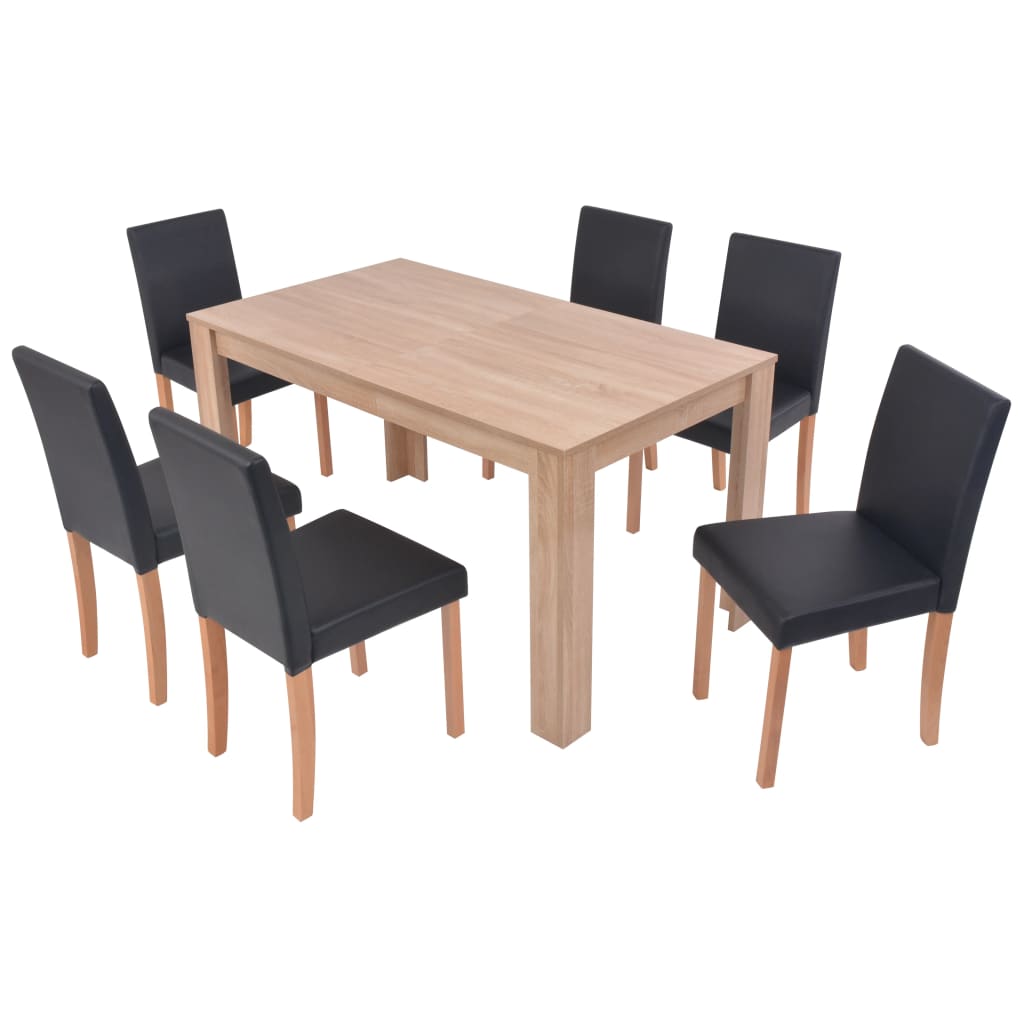 vidaXL Jedálenský stôl a stoličky, 7 ks, umelá koža a dubové drevo, čierne
