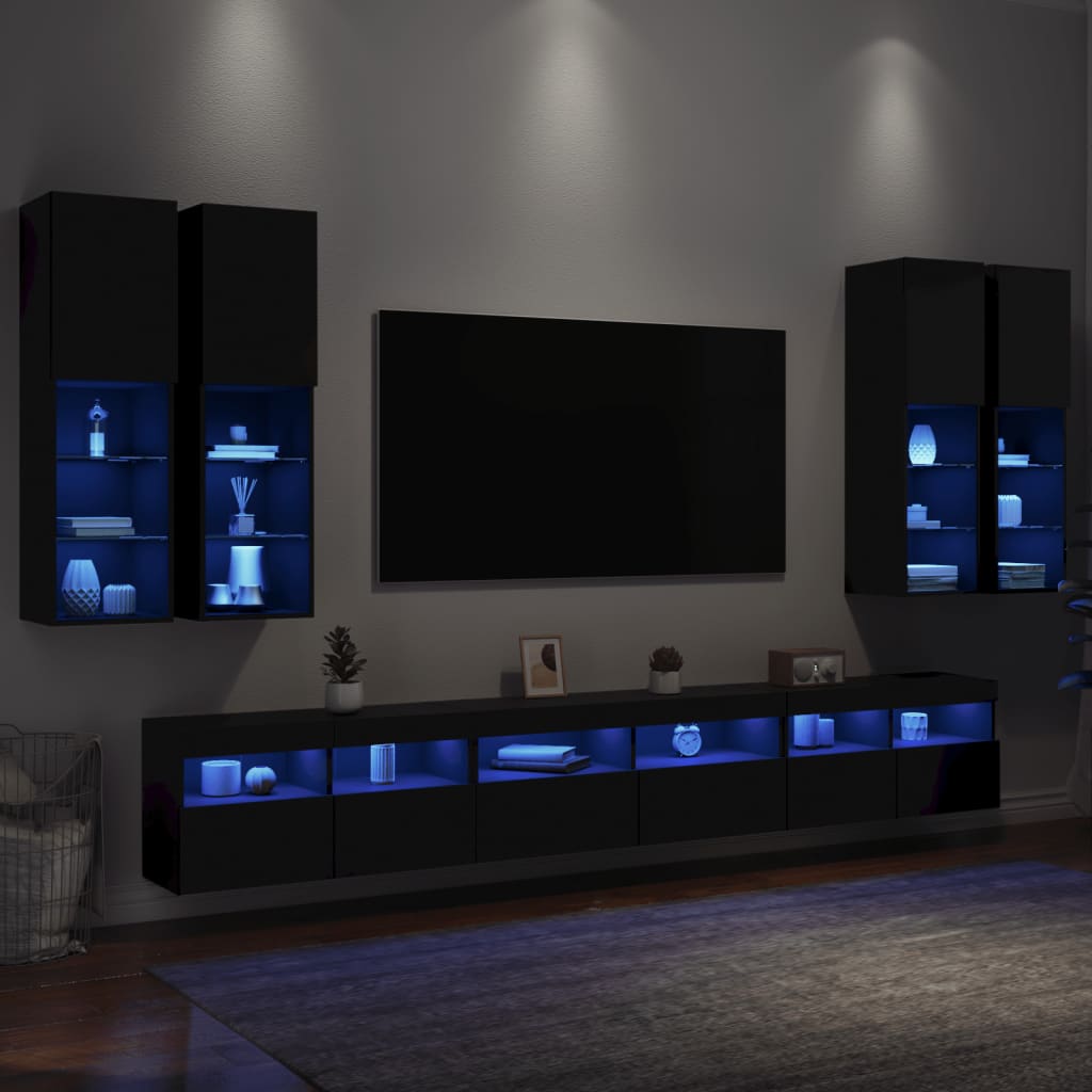 vidaXL 7-dielna súprava TV nástenných skriniek s LED svetlami čierna