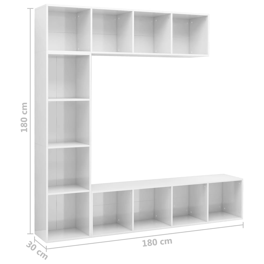 vidaXL 3-dielna knižnica/TV skrinka lesklá biela 180x30x180 cm