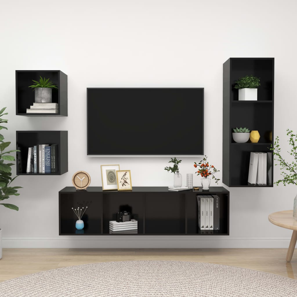 vidaXL 4-dielna súprava TV skriniek vysokolesklá čierna drevotrieska