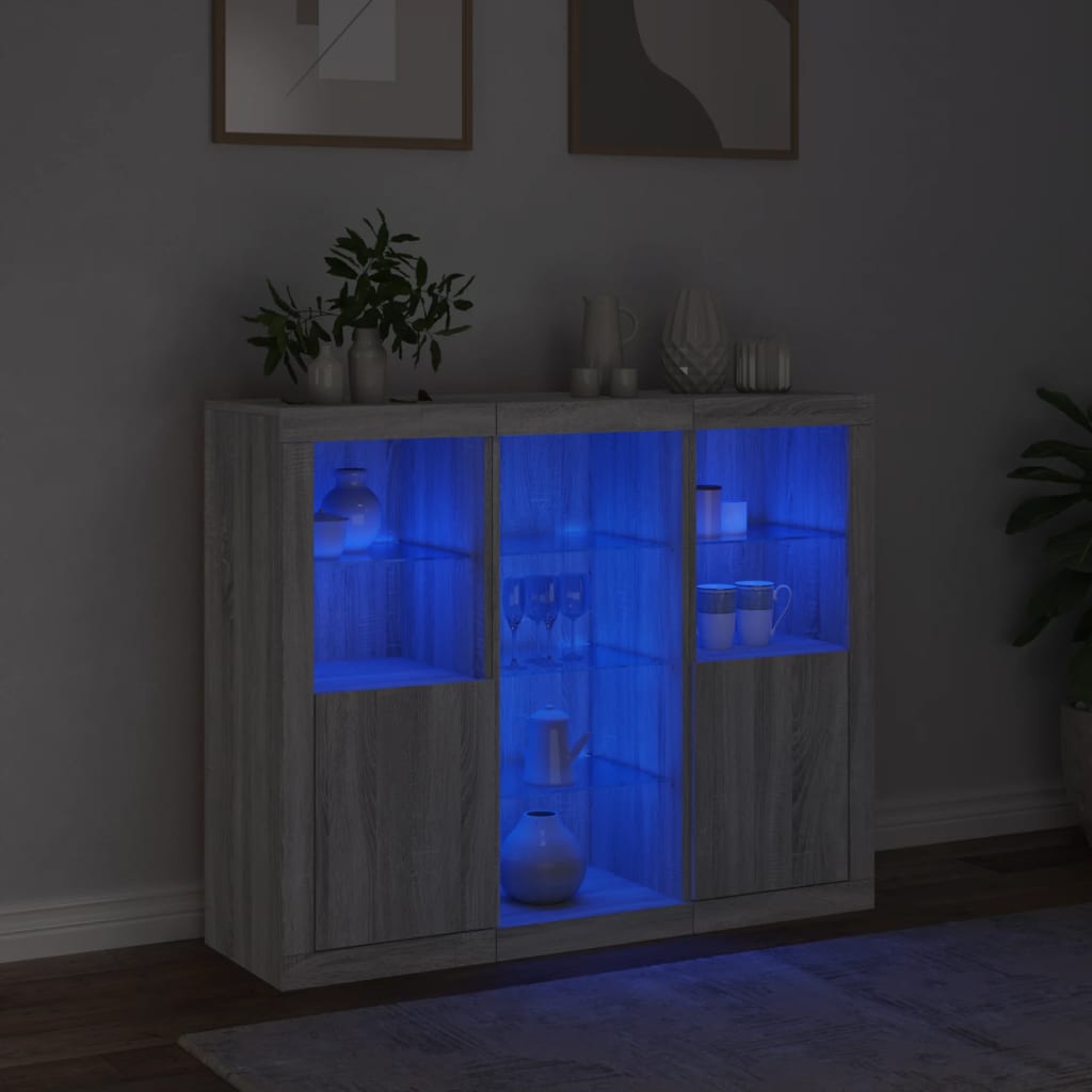 vidaXL Komody s LED svetlami 3 ks sivé sonoma kompozitné drevo