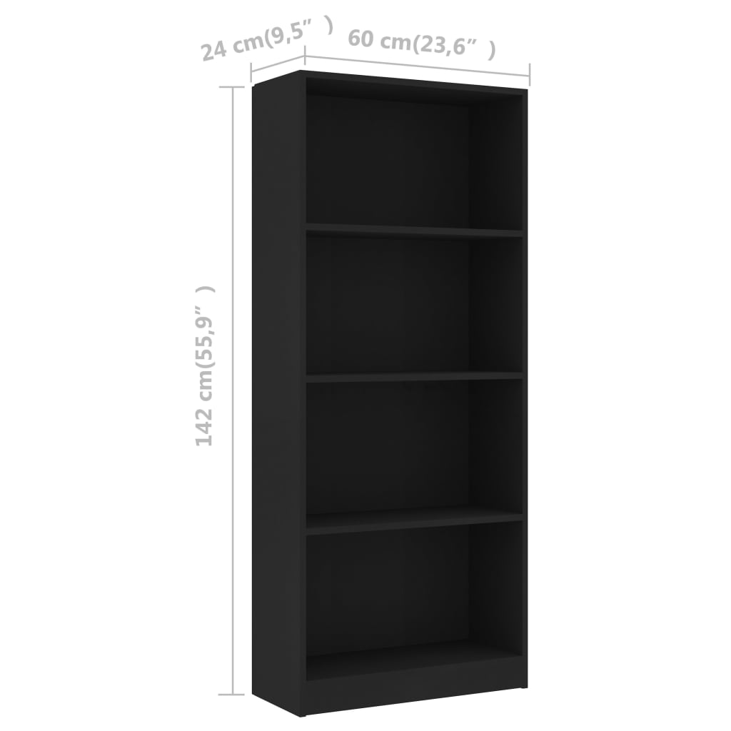 vidaXL Knižnica, 4 police, čierna 60x24x142 cm, kompozitné drevo