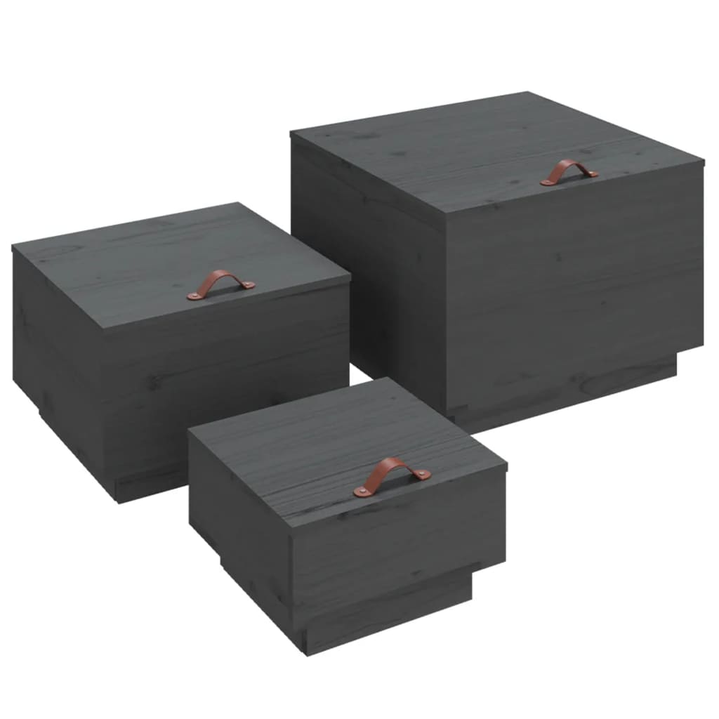 VidaXL Úložné boxy s vekom 3 ks sivé masívna borovica