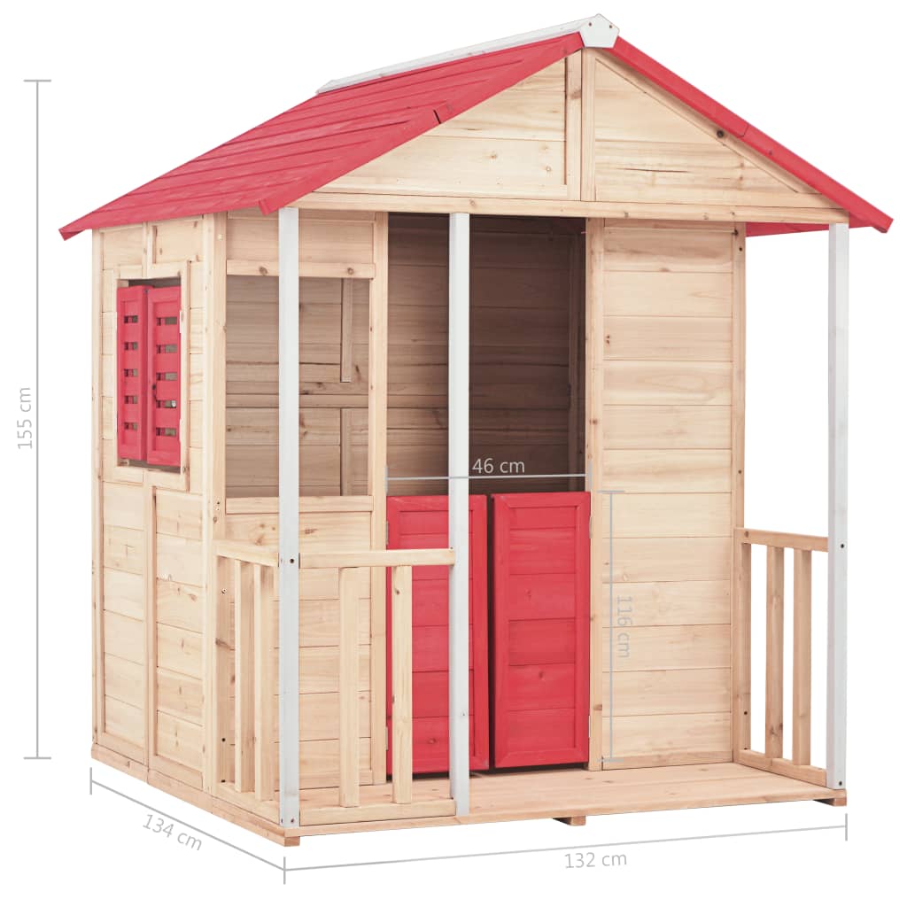 vidaXL Detský domček na hranie, jedľové drevo, červený