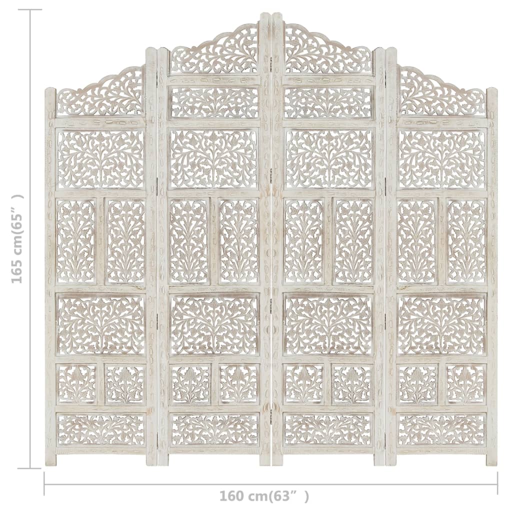 vidaXL Ručne vyrezávaný 4-panelový paraván biely 160x165 cm mangový masív