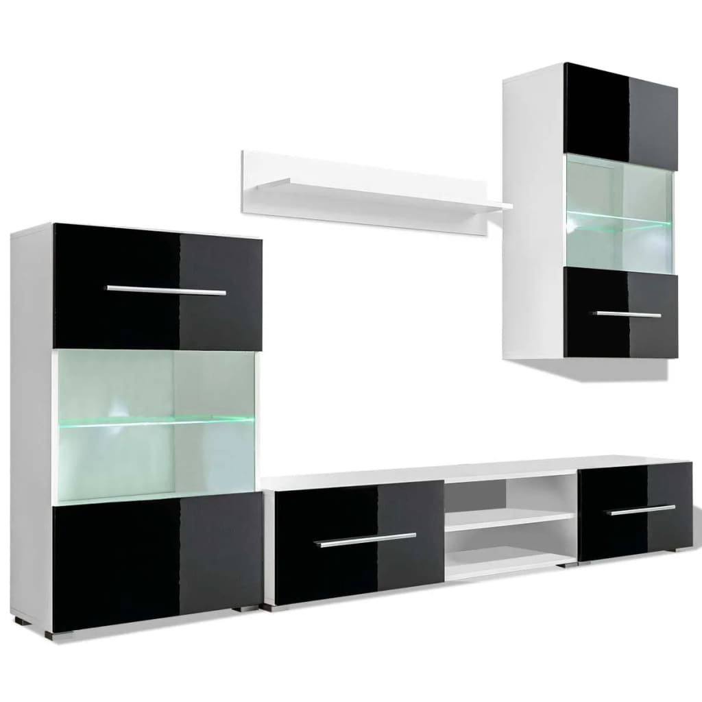 vidaXL 5-dielna obývacia/TV stena s LED osvetlením, čierna