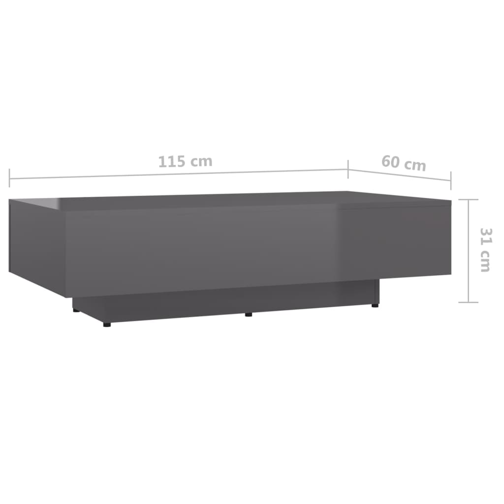 vidaXL Konferenčný stolík, lesklý sivý 115x60x31 cm, drevotrieska