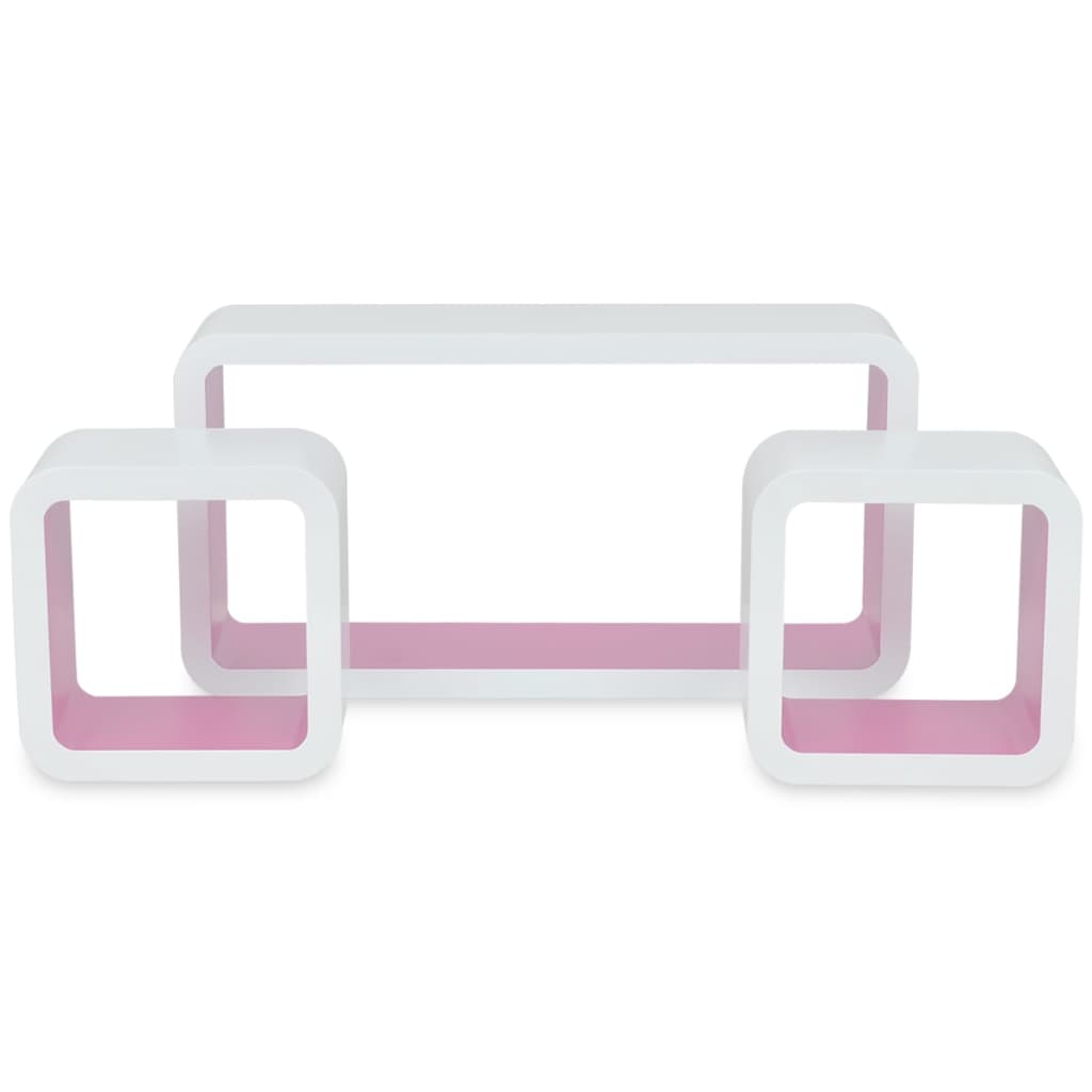 3 bielo-ružové plávajúce nástenné police z MDF v tvare kocky