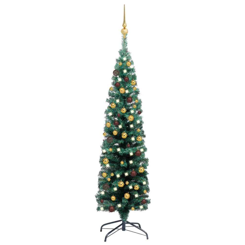 vidaXL Úzky umelý vianočný stromček s LED a sadou gulí zelený 120 cm