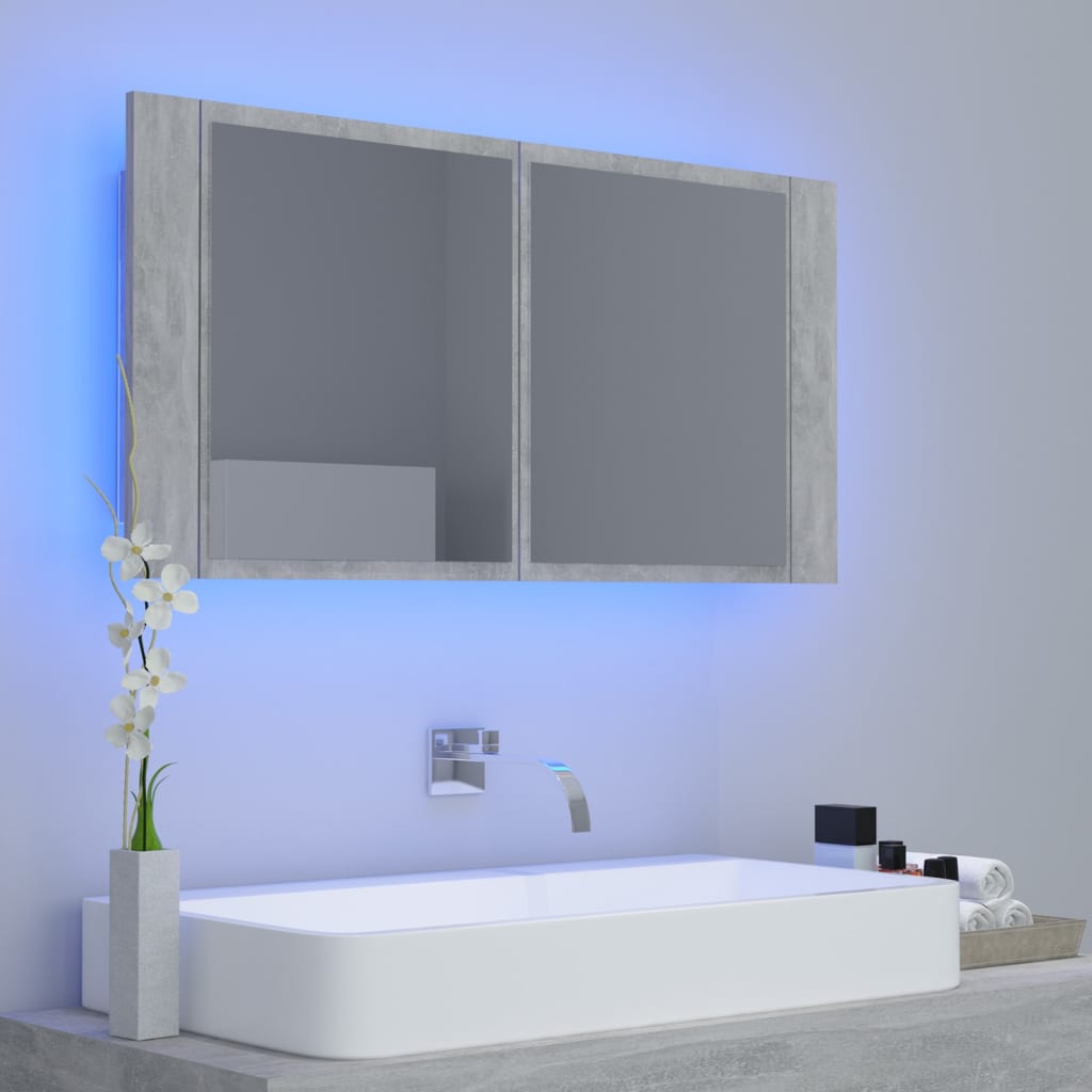 vidaXL LED kúpeľňová zrkadlová skrinka betónová sivá 90x12x45 cm akryl