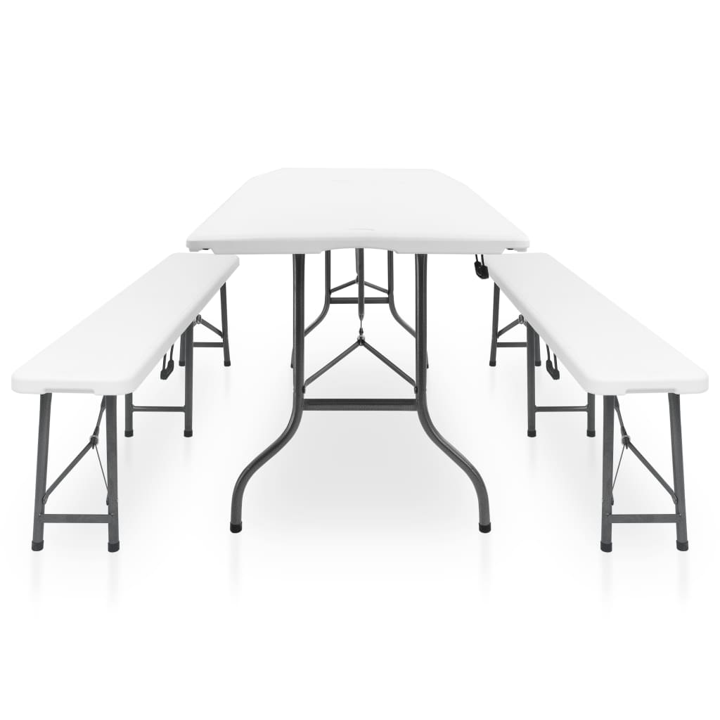 vidaXL Sklápací záhradný stôl a 2 lavičky HDPE a oceľ 180 cm biely