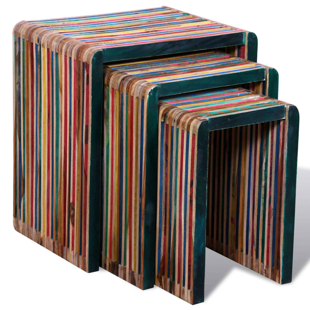 vidaXL Stohovateľné stolíky, 3 kusy, farebné, recyklované tíkové drevo