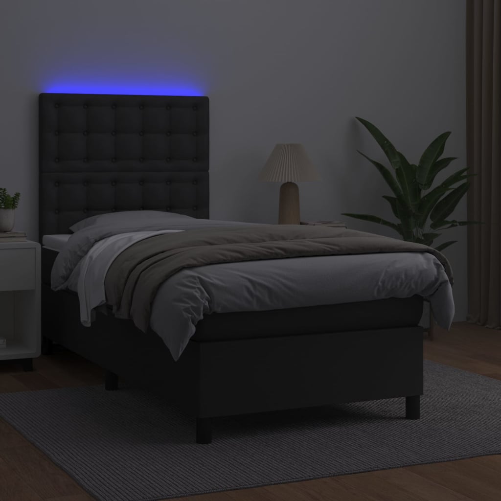 vidaXL Boxspring posteľ s matracom a LED čierna 90x200 cm umelá koža