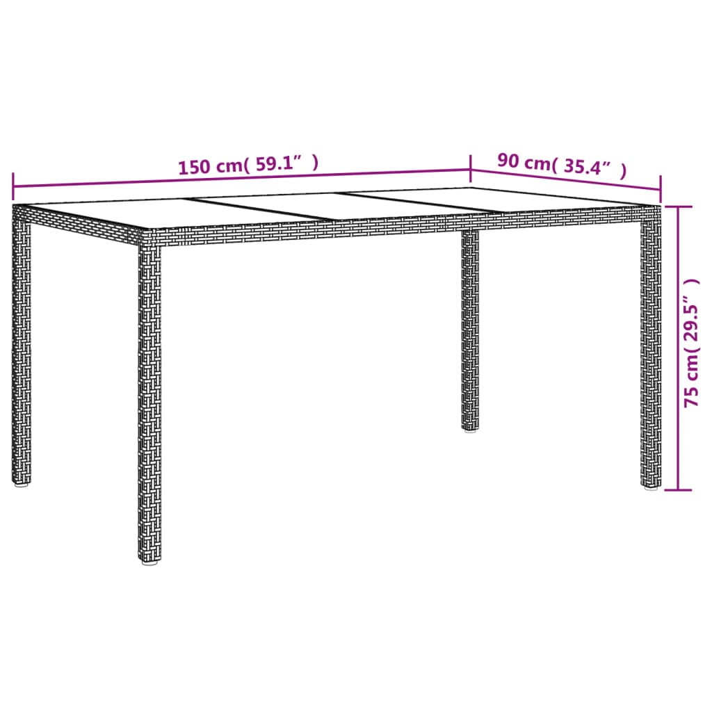 vidaXL Záhradný stôl 150x90x75 cm tvrdené sklo a polyratan čierny