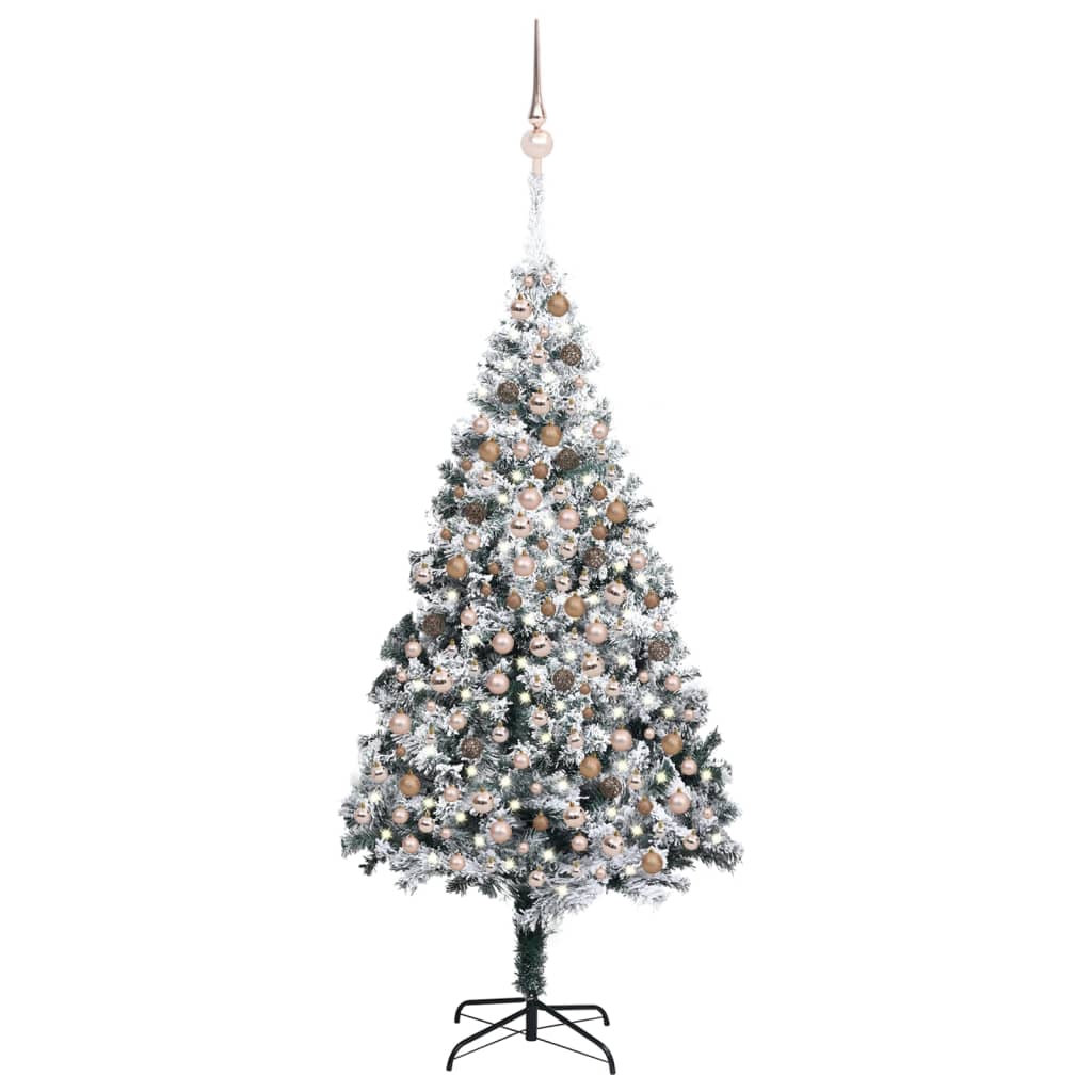 vidaXL Osvetlený umelý vianočný stromček s guľami, zelený 240 cm, PVC