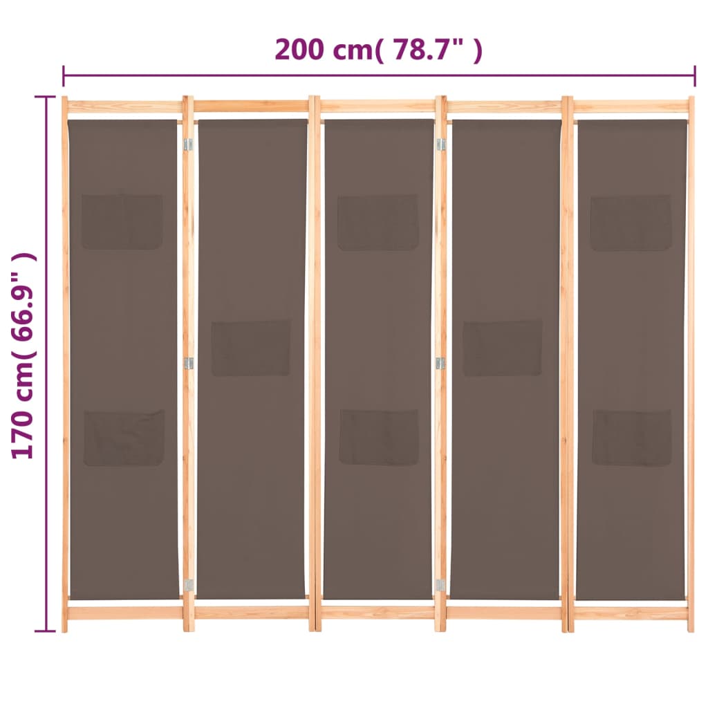 vidaXL 5-panelový paraván hnedý 200x170x4 cm látkový