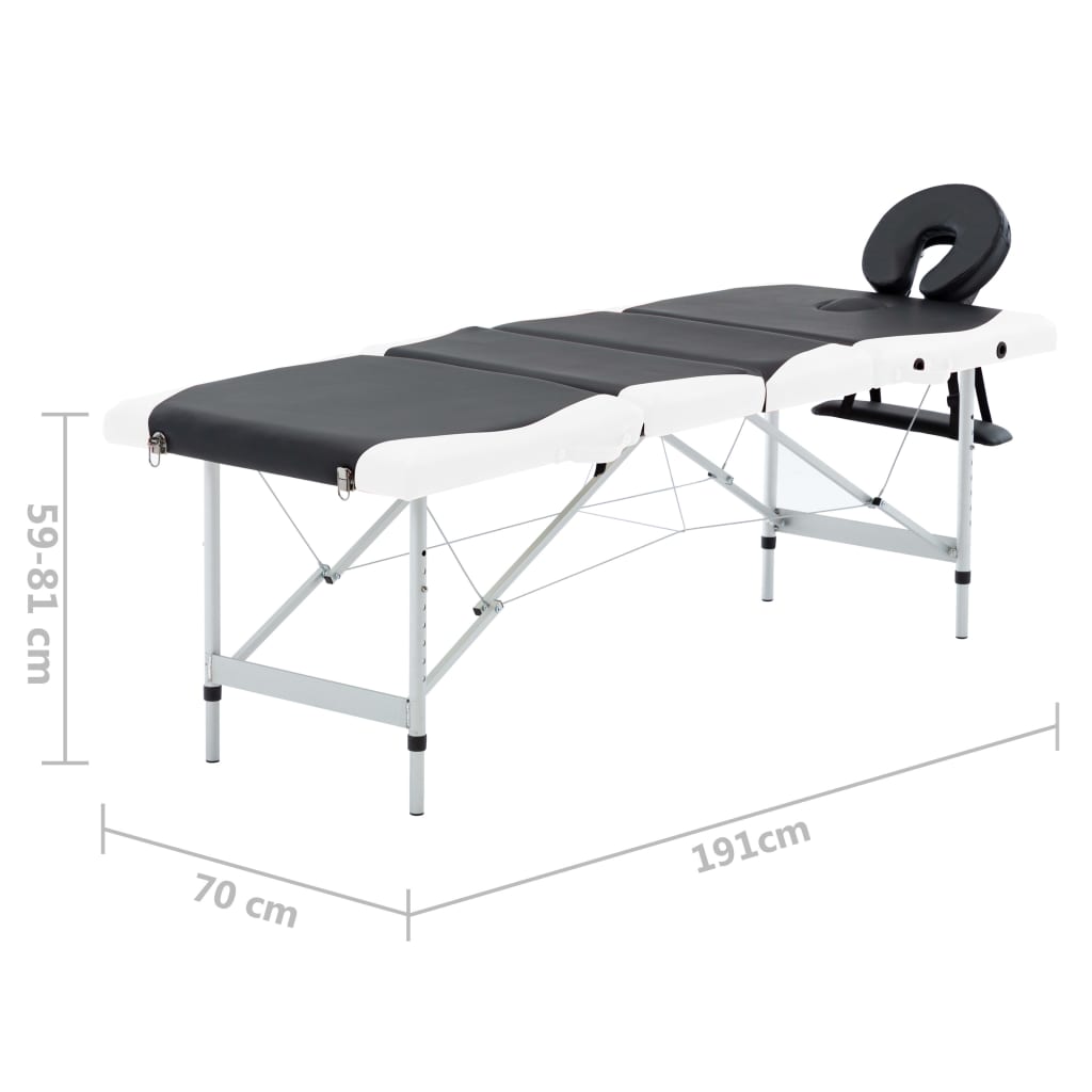 vidaXL Skladací masážny stôl, 4 zóny, hliník, čierno biely