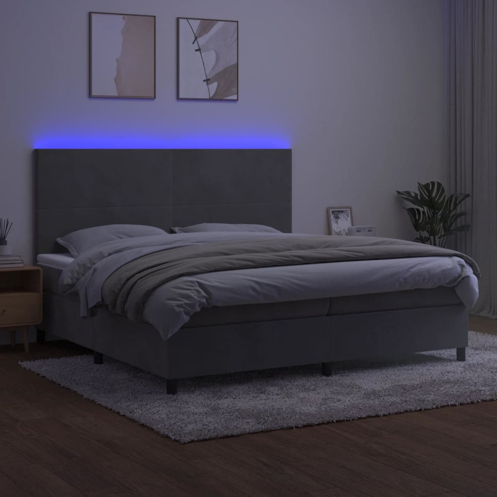 vidaXL Posteľ boxsping s matracom a LED bledosivá 200x200 cm zamat