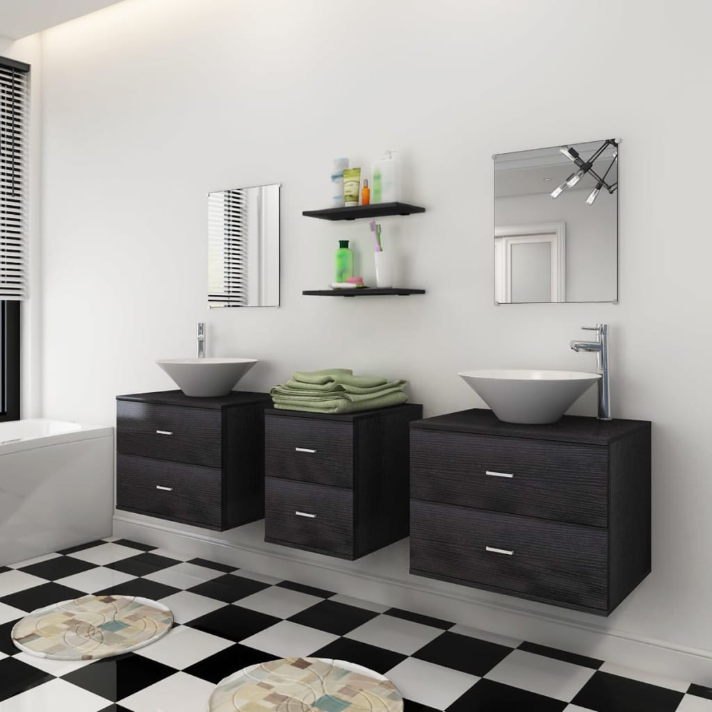 vidaXL 7-dielna sada kúpeľového nábytku s umývadlom, čierna