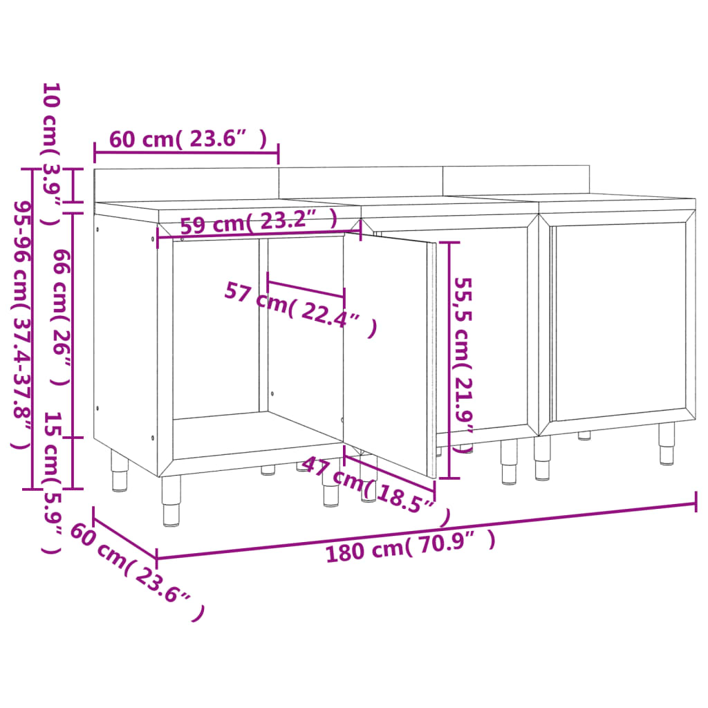 vidaXL Gastro pracovný stôl so skrinkami 180x60x96 cm nehrdzavejúca oceľ