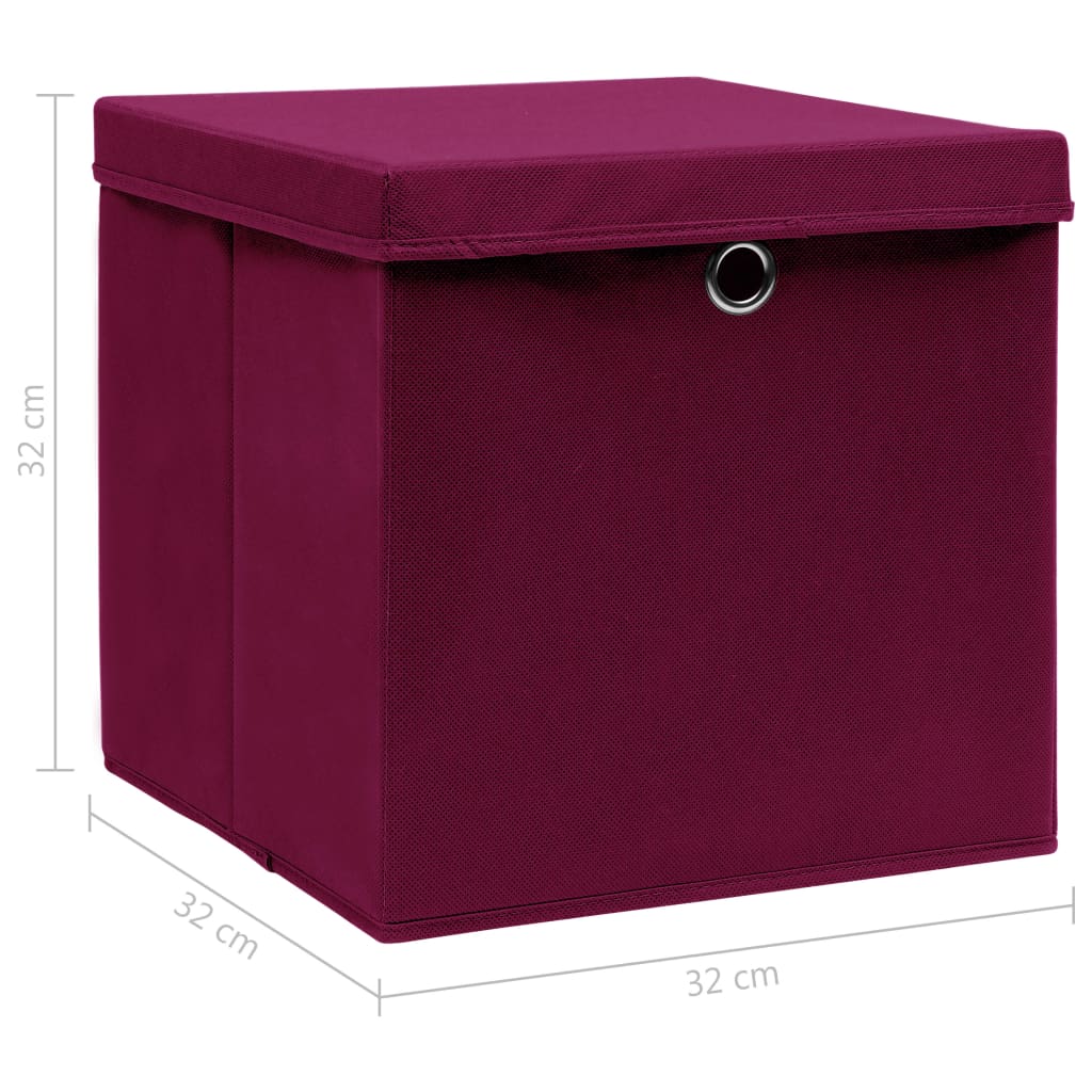 vidaXL Úložné boxy s vekom 10 ks, tmavočervené 32x32x32 cm, látka