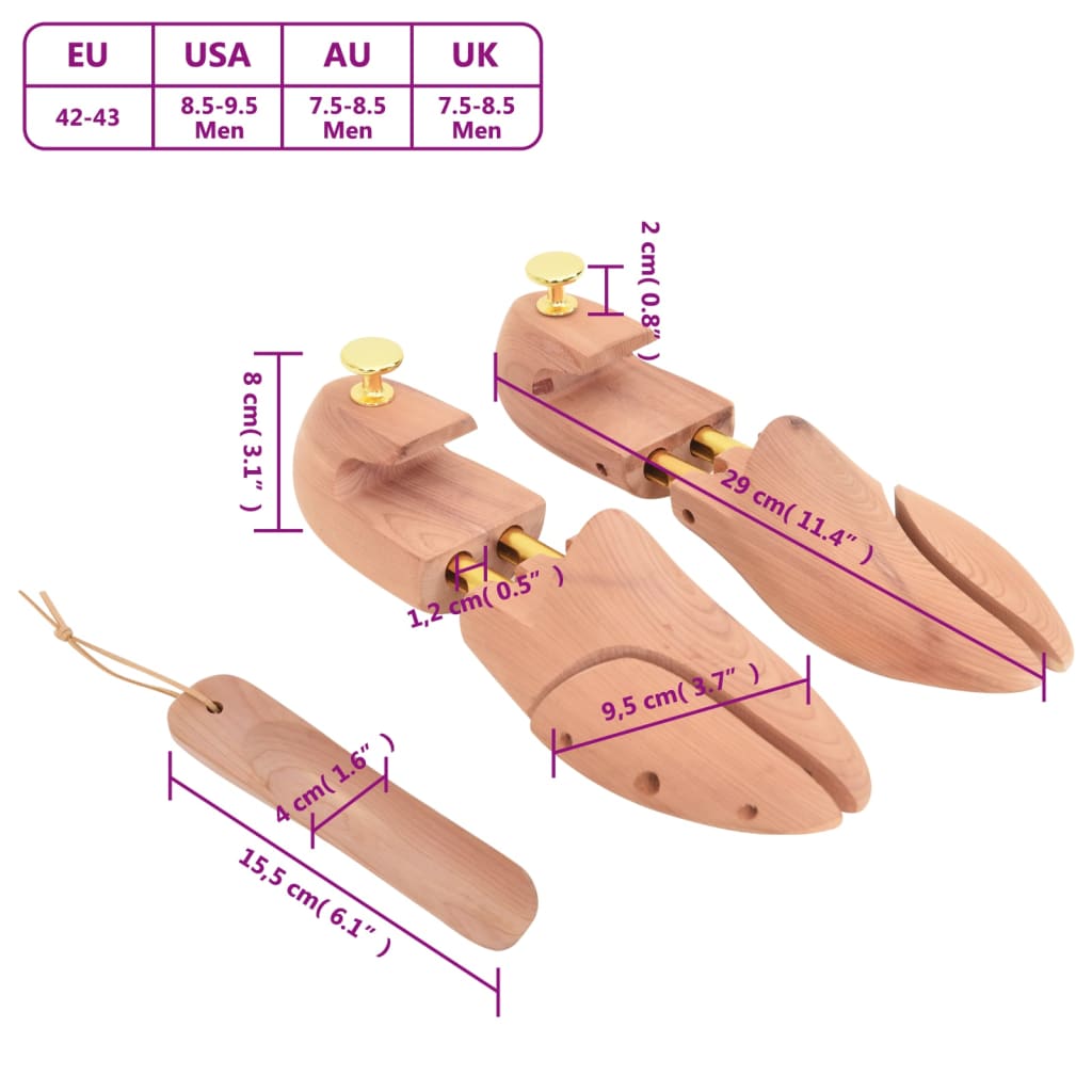 vidaXL Napínač topánok s obuvákom EU 42-43 masívne cédrové drevo
