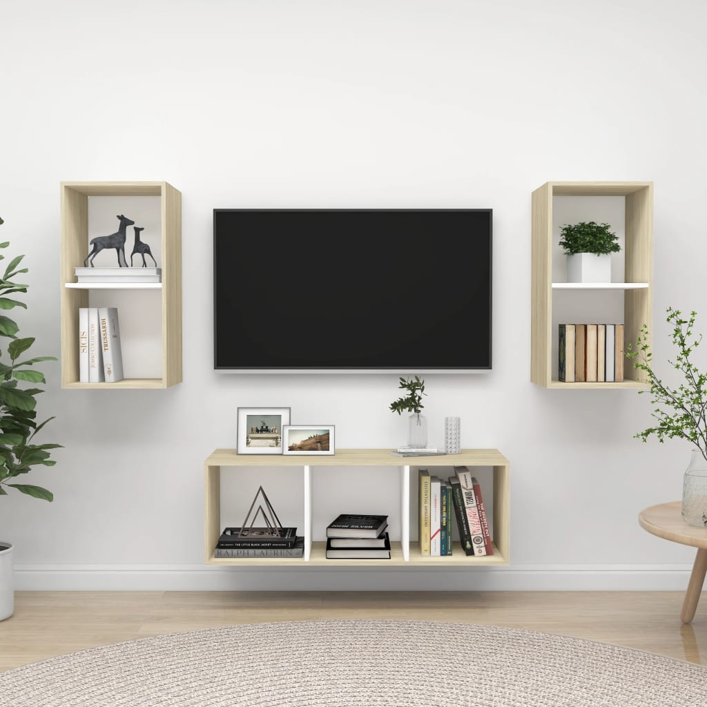 vidaXL 3-dielna súprava TV skriniek biela a dub sonoma drevotrieska