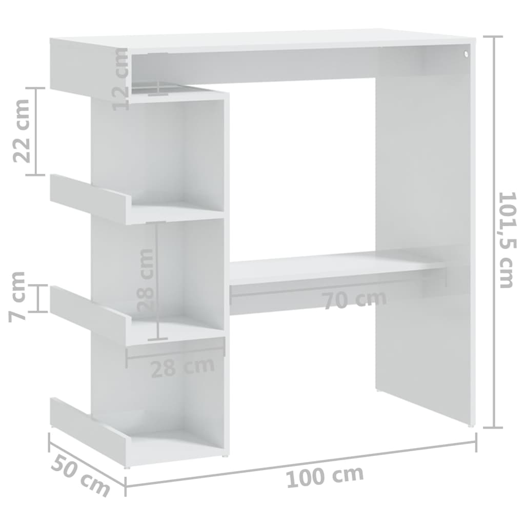 vidaXL Barový stolík s úložným regálom lesklý biely 100x50x101,5 cm drevotrieska