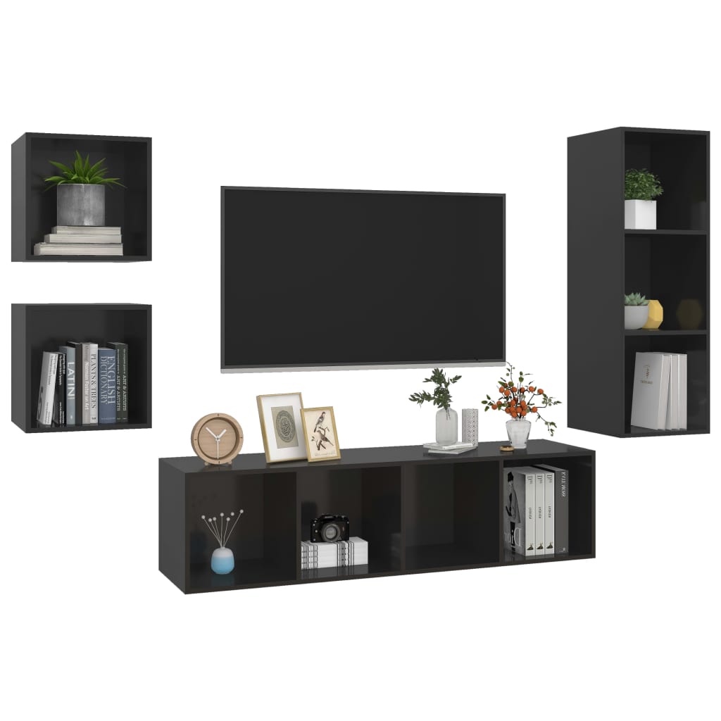 vidaXL 4-dielna súprava TV skriniek vysokolesklá čierna drevotrieska
