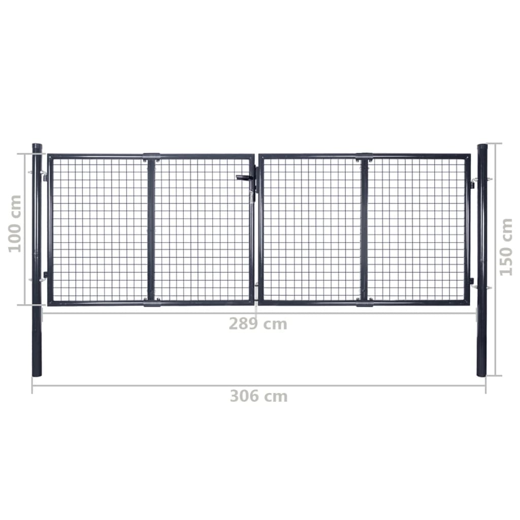 vidaXL Záhradná brána, pletivo, pozinkovaná oceľ 289x100 cm, sivá
