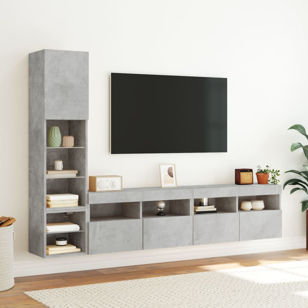 vidaXL 4-dielne TV nástenné skrinky s LED betónovo sivé kompozit.drevo