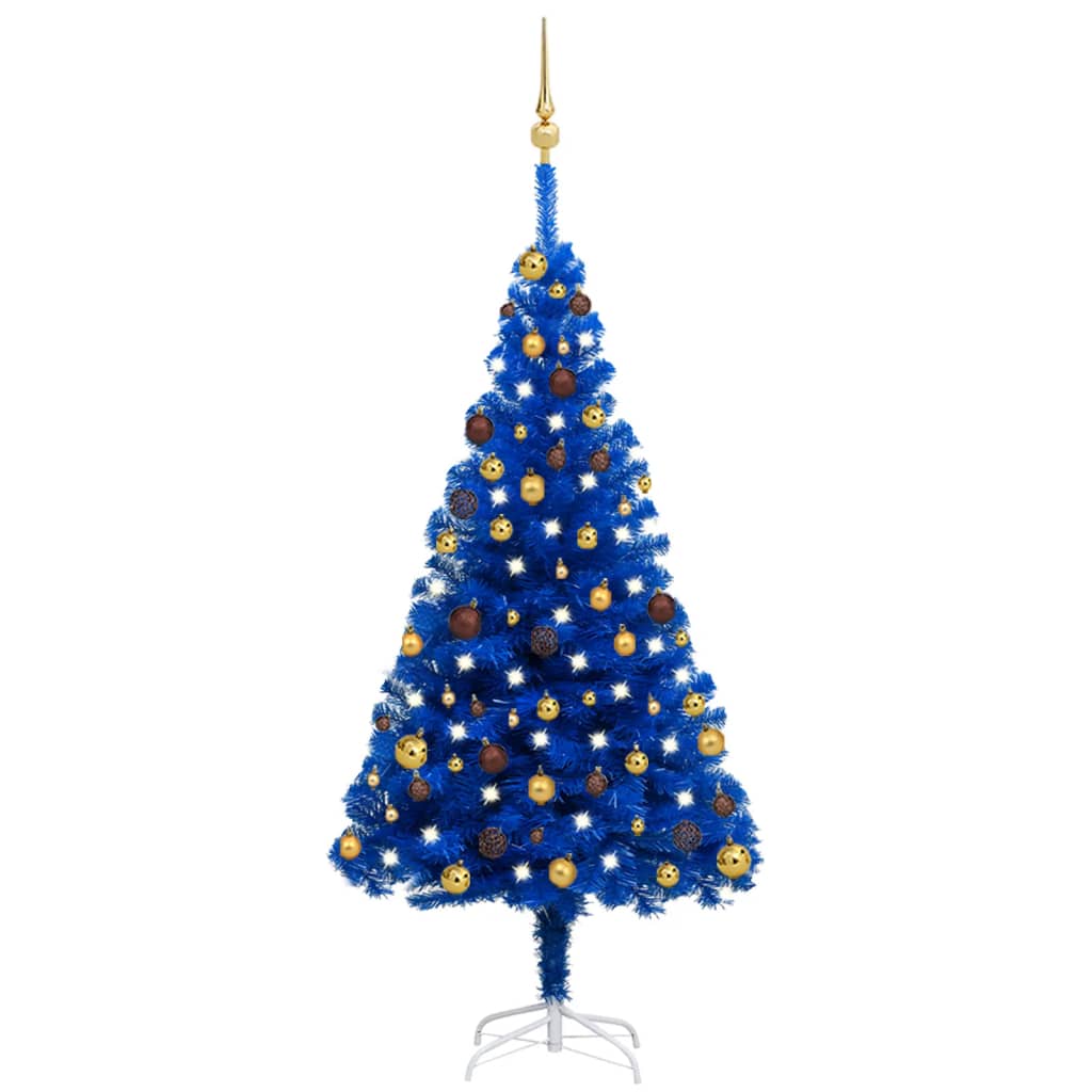 vidaXL Osvetlený umelý vianočný stromček s guľami, modrý 150 cm, PVC