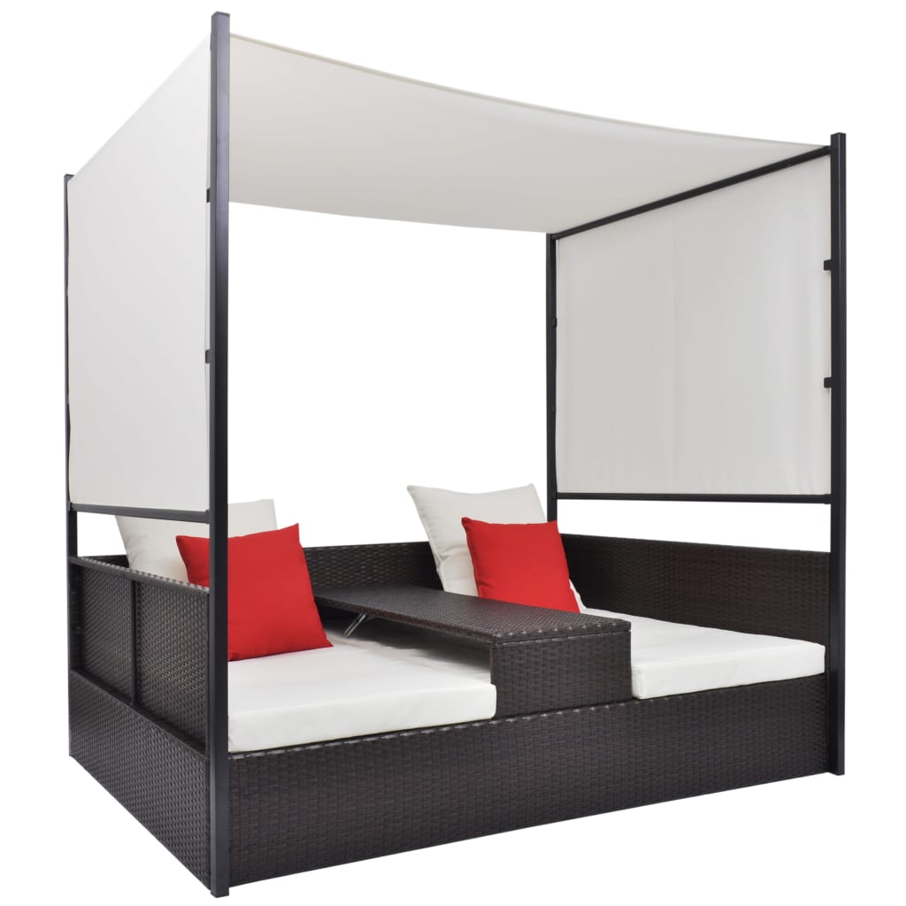 vidaXL Záhradná posteľ so strieškou hnedá 190x130 cm polyratanová