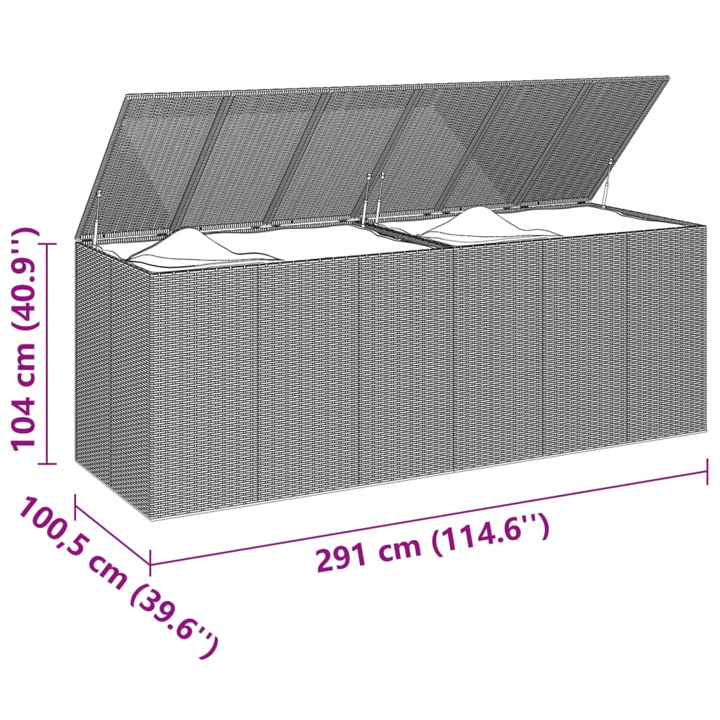 vidaXL Záhradný box na vankúše z polyratanu 291x100,5x104 cm sivý