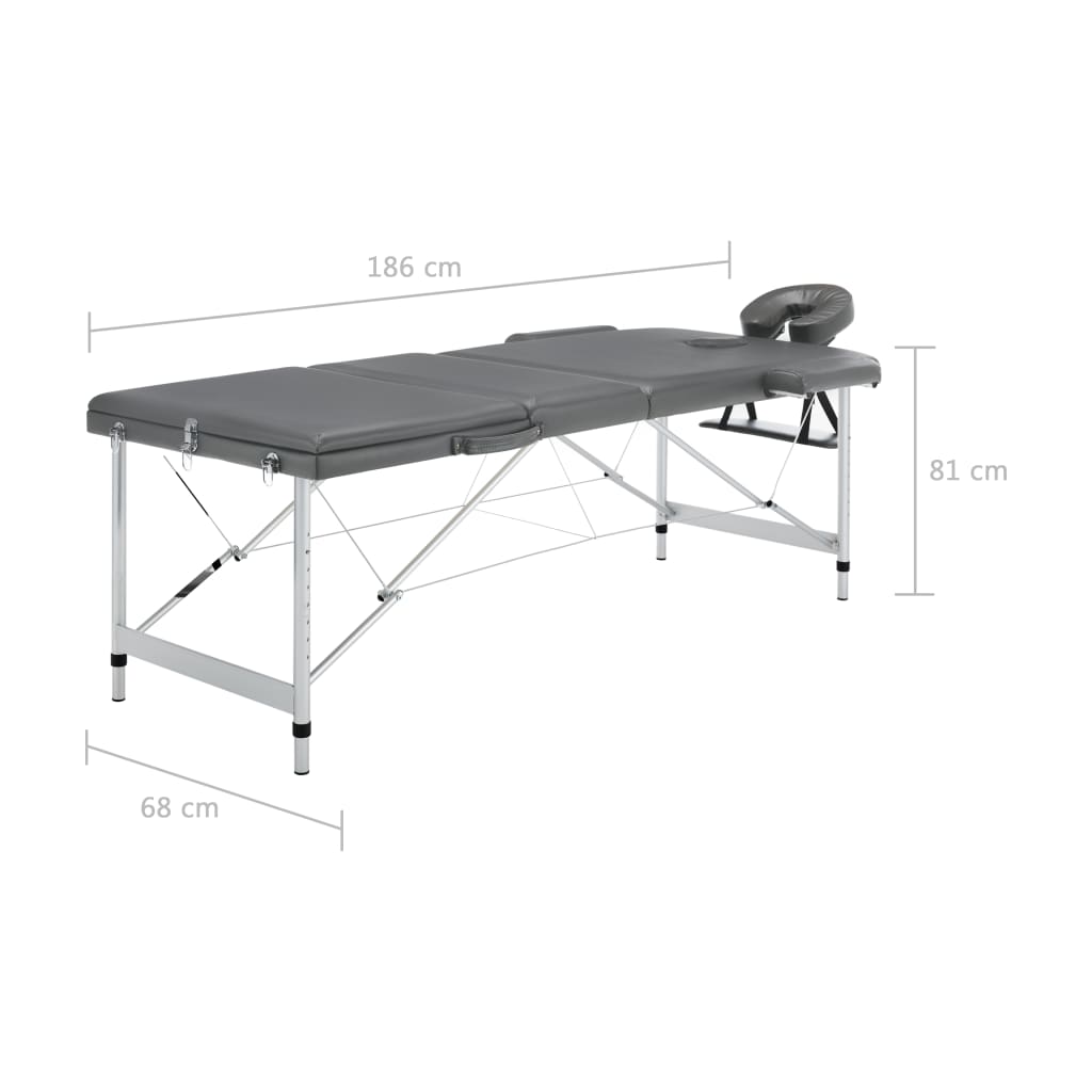 vidaXL Masážny stôl s 3 zónami, hliníkový rám, antracitový 186x68 cm