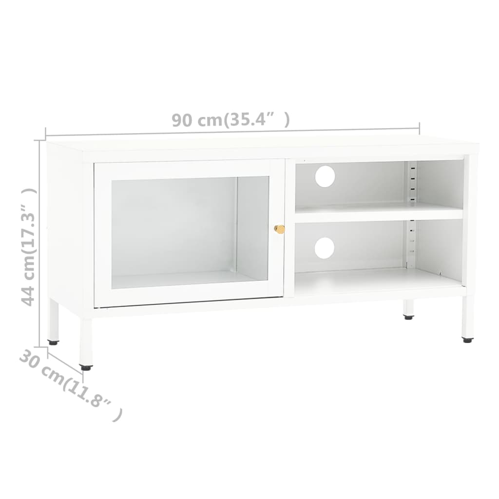 vidaXL TV skrinka biela 90x30x44 cm oceľ a sklo