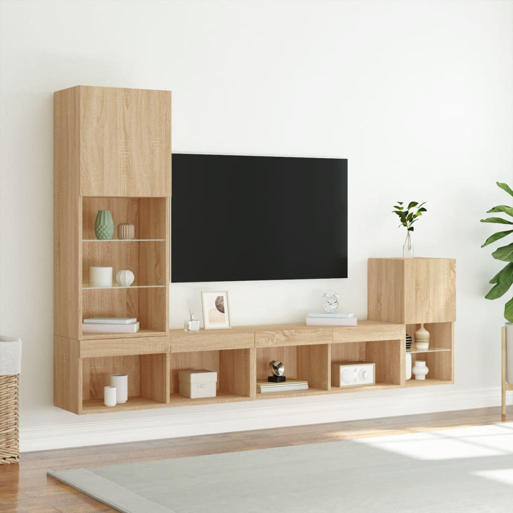 vidaXL 4-dielne TV nástenné skrinky s LED dub sonoma kompozitné drevo