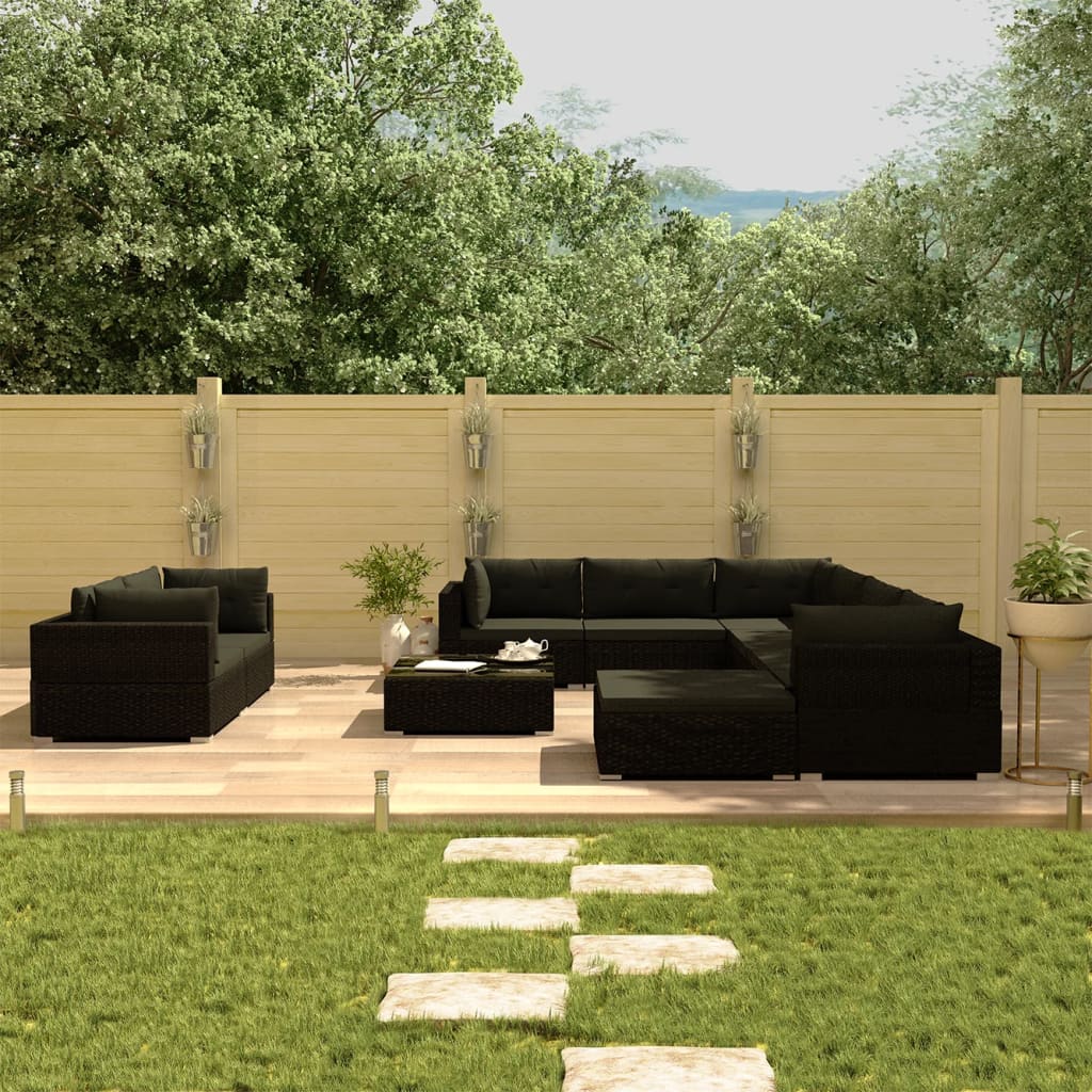 vidaXL 10-dielna záhradná sedacia súprava s vankúšmi, polyratan,čierna