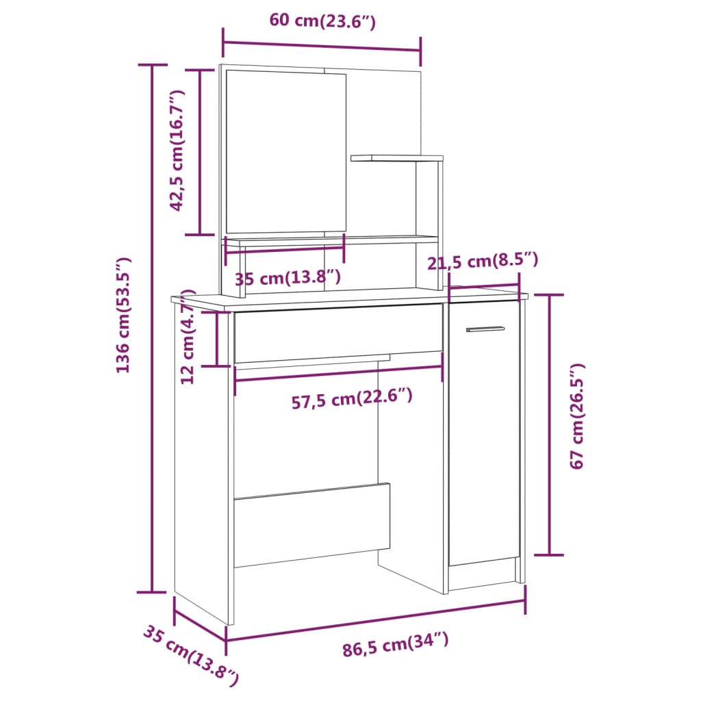 vidaXL Toaletný stolík so zrkadlom biely 86,5x35x136 cm