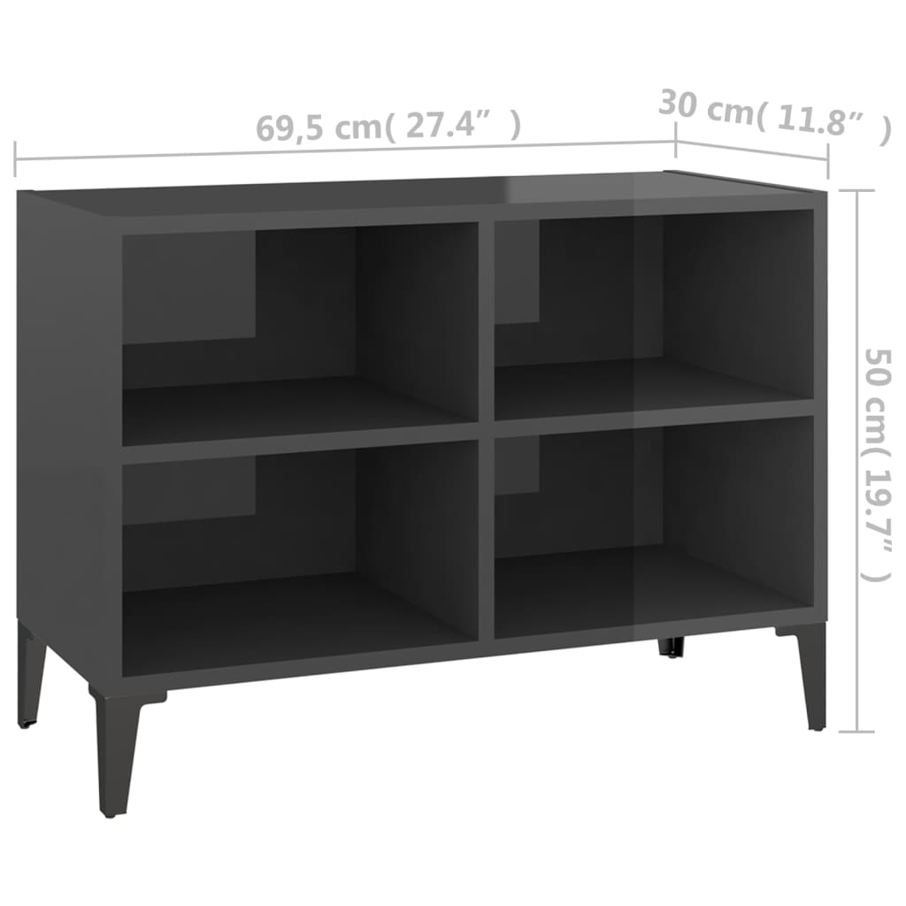 vidaXL TV stolík s kovovými nožičkami lesklý sivý 69,5x30x50 cm