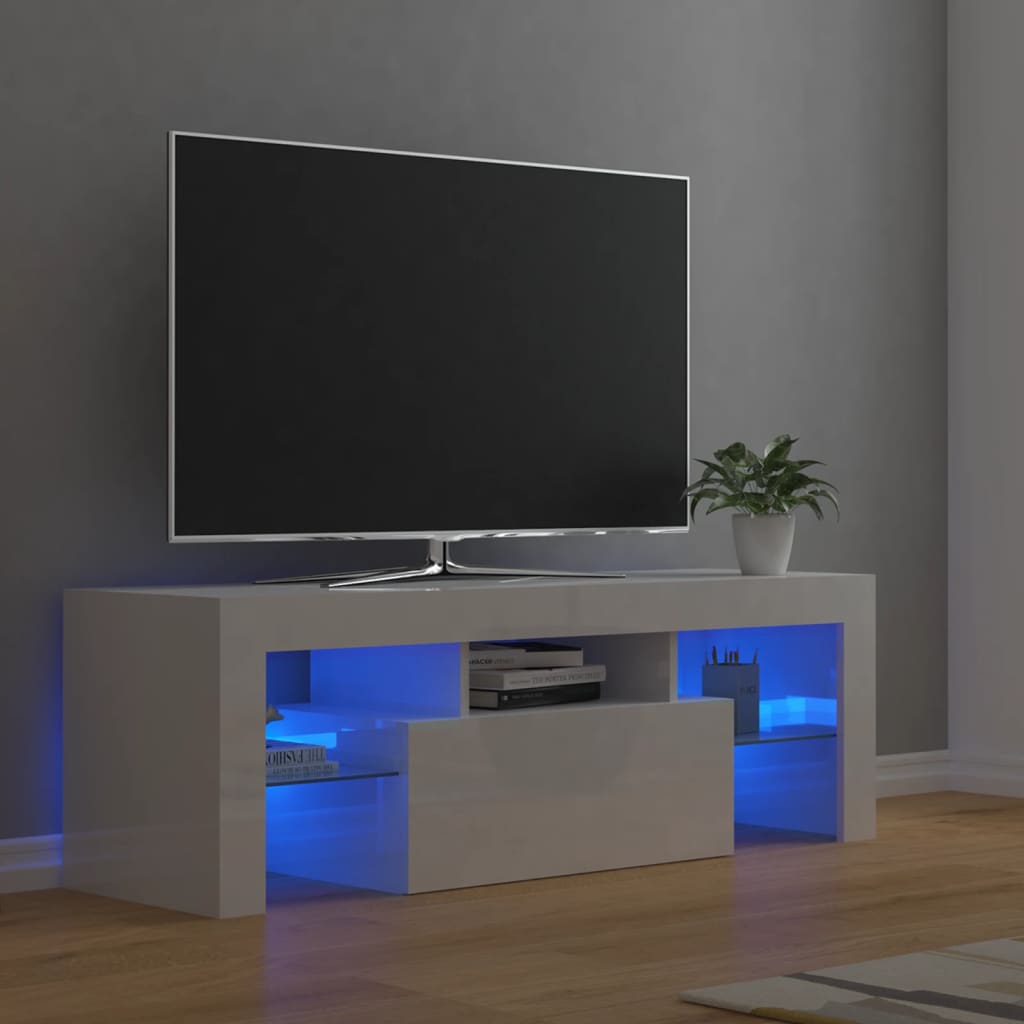 vidaXL TV skrinka s LED svetlami lesklá biela 120x35x40 cm