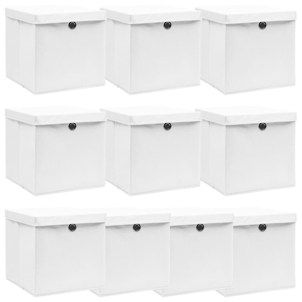 vidaXL Úložné boxy s vekom 10 ks, biele 32x32x32 cm, látka