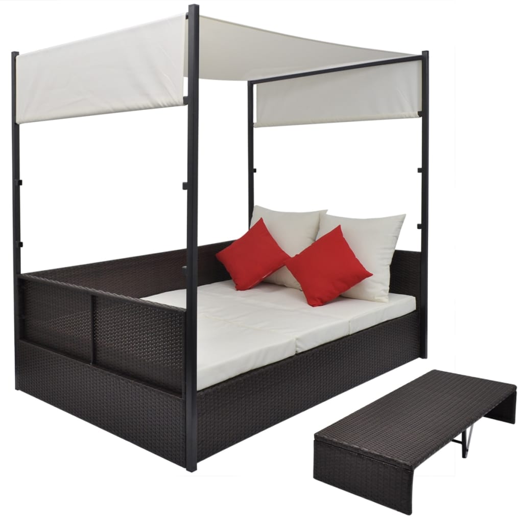 vidaXL Záhradná posteľ so strieškou hnedá 190x130 cm polyratanová